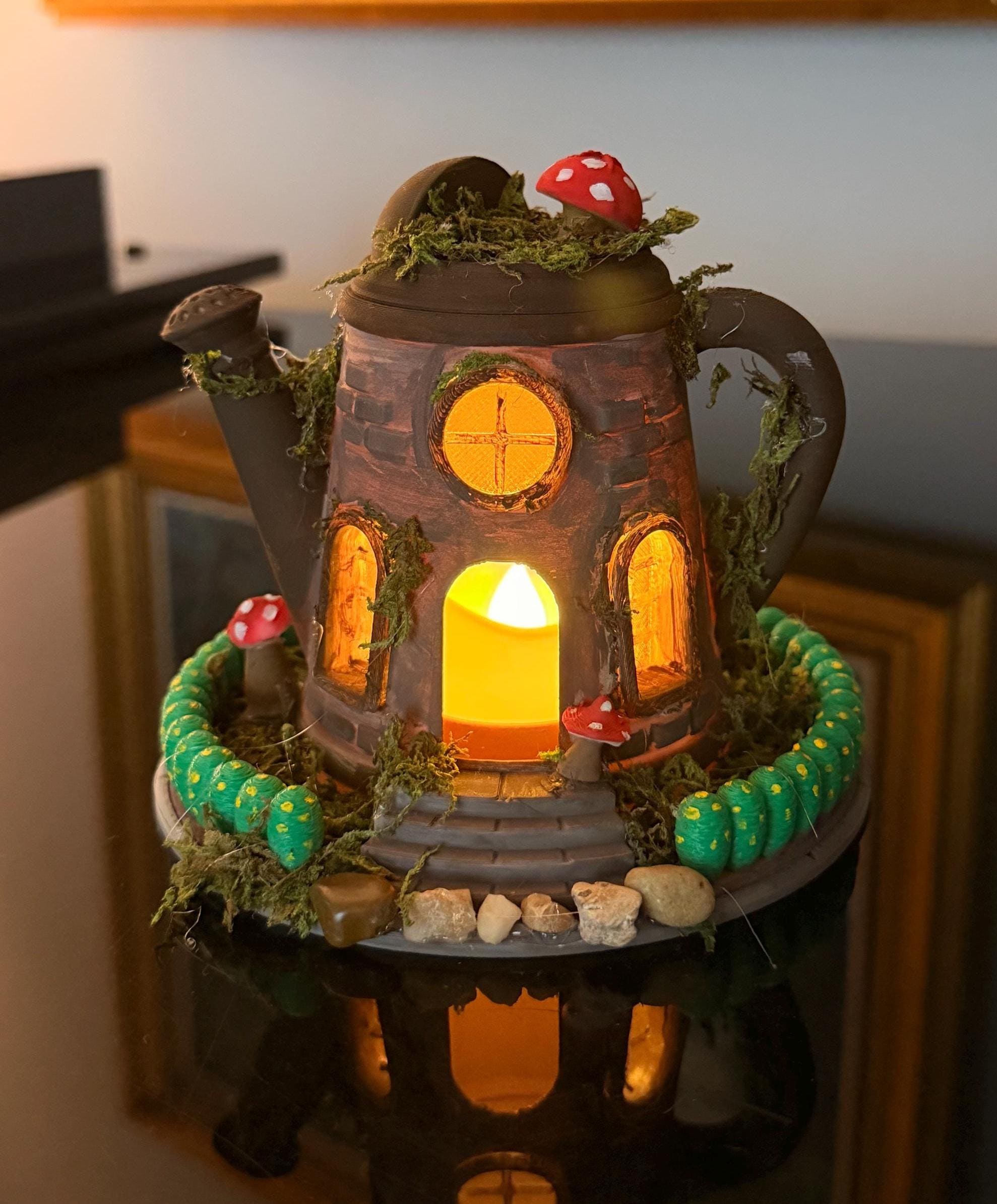 Fairy Teapot House Lamp | Whimsical Mushroom Cottage Night Light