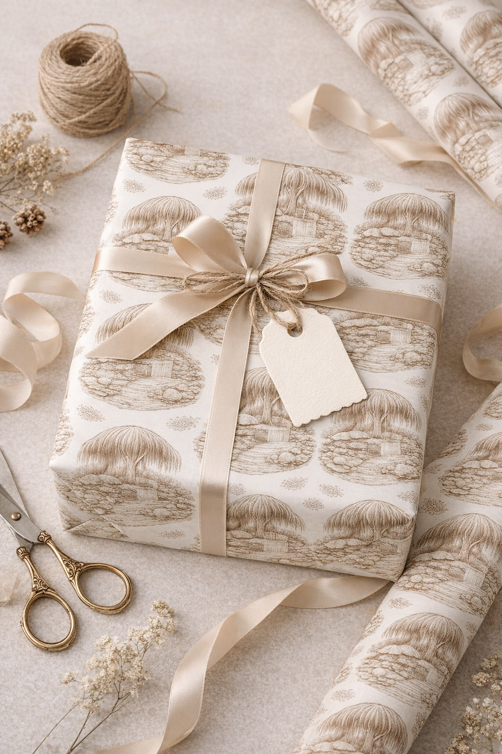 Vintage Cottage Gift Wrap — Hand-Drawn Woodland House Wrapping Paper
