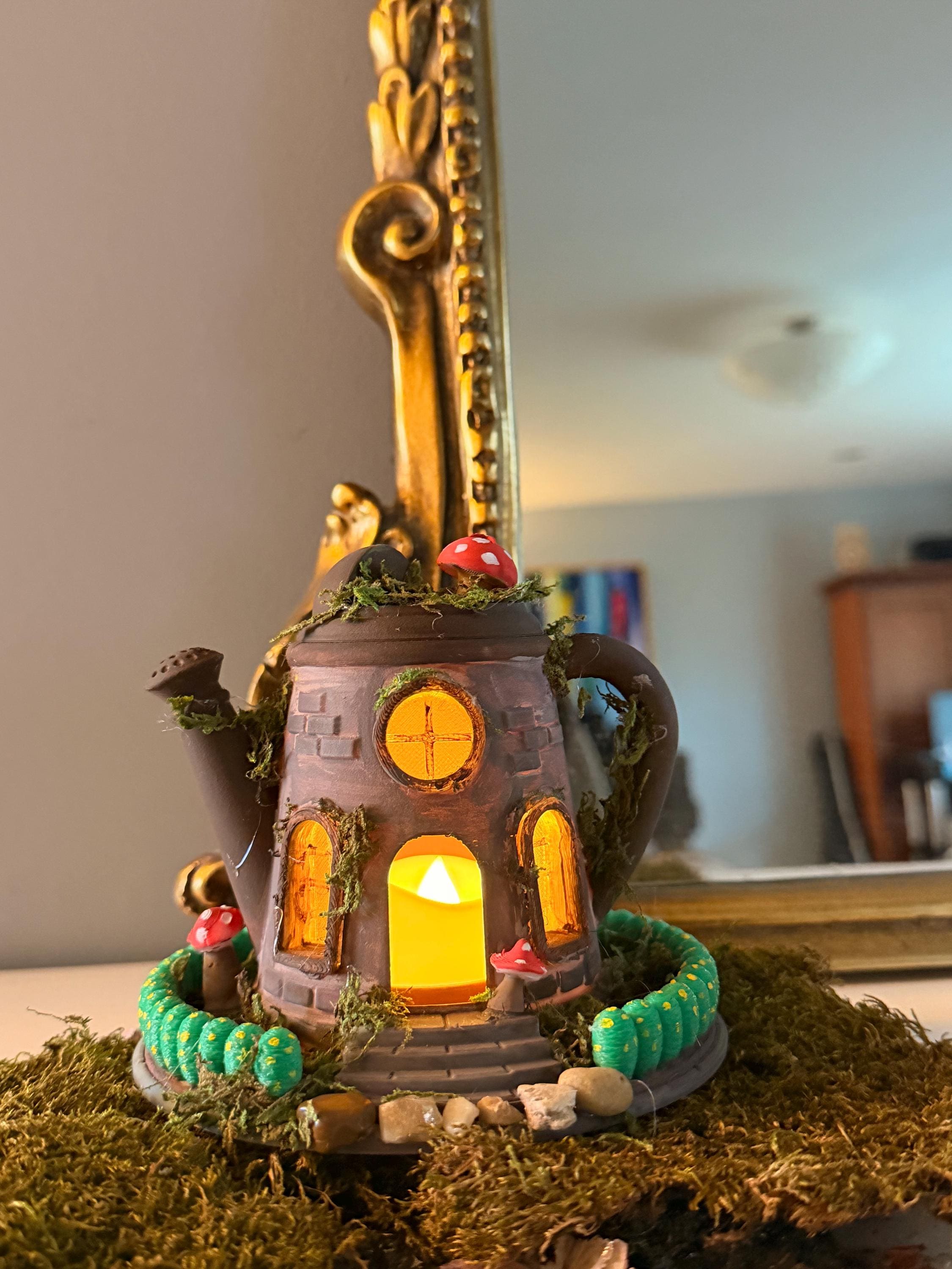 Fairy Teapot House Lamp | Whimsical Mushroom Cottage Night Light