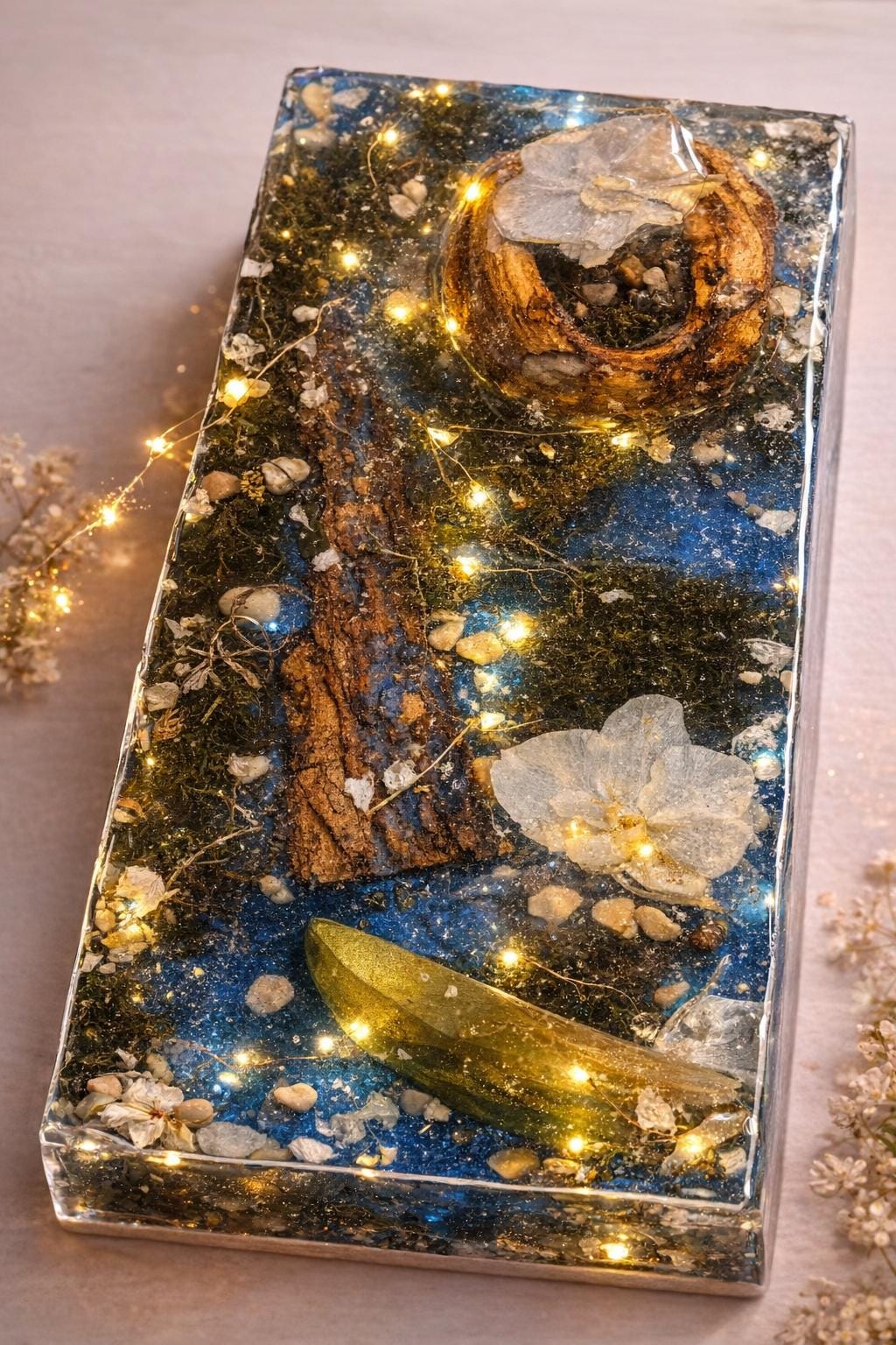 Handmade Botanical Resin Art | Preserved flowers &amp; Forest Wood | One-of-a-Kind Nature Block | Natural Home Decor