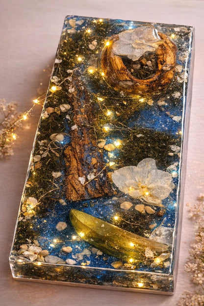 Handmade Botanical Resin Art | Preserved flowers &amp; Forest Wood | One-of-a-Kind Nature Block | Natural Home Decor