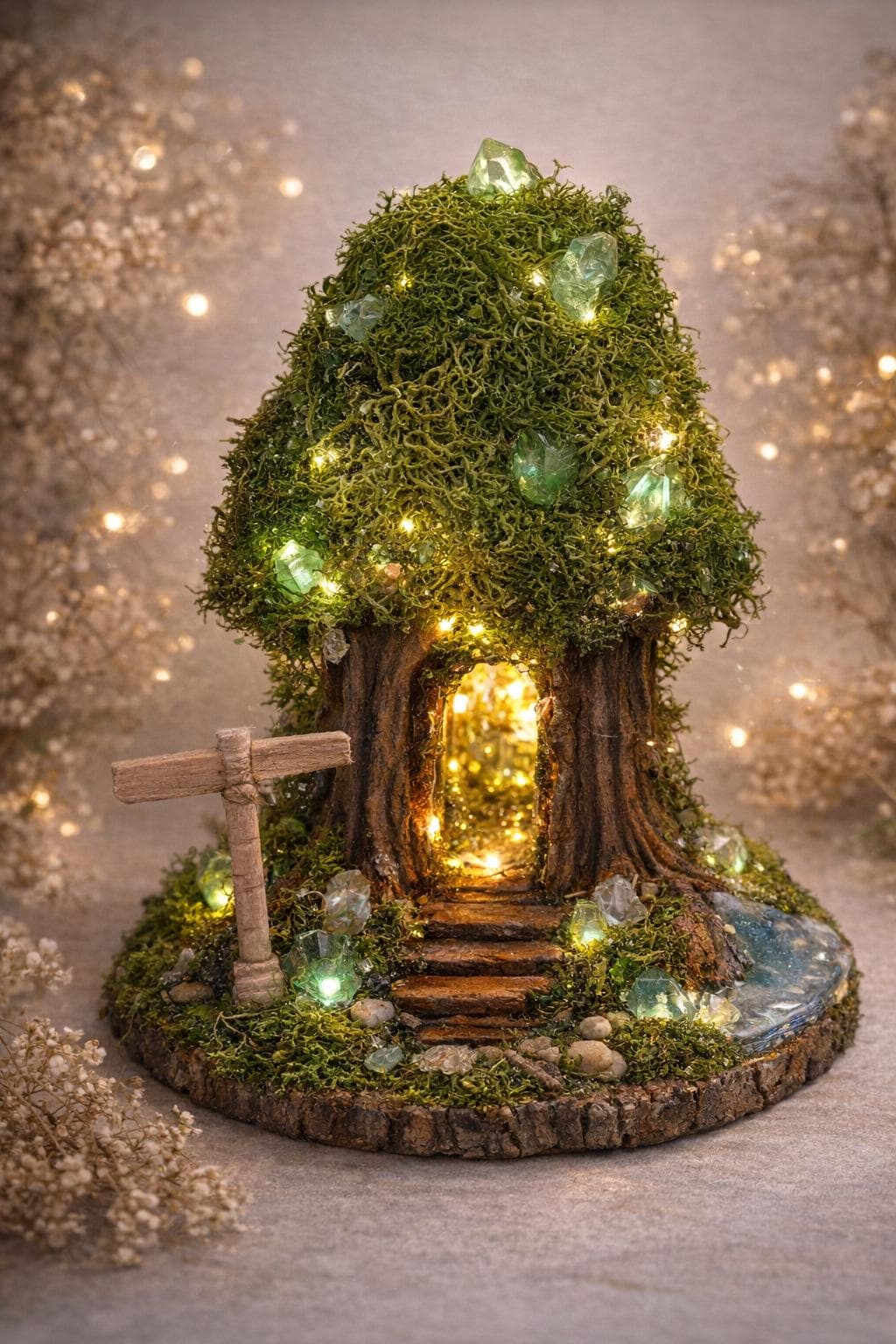 Handmade Moss Fairy Tree House • Cottagecore Sculpture