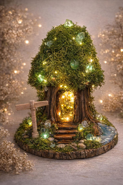 Handmade Moss Fairy Tree House • Cottagecore Sculpture
